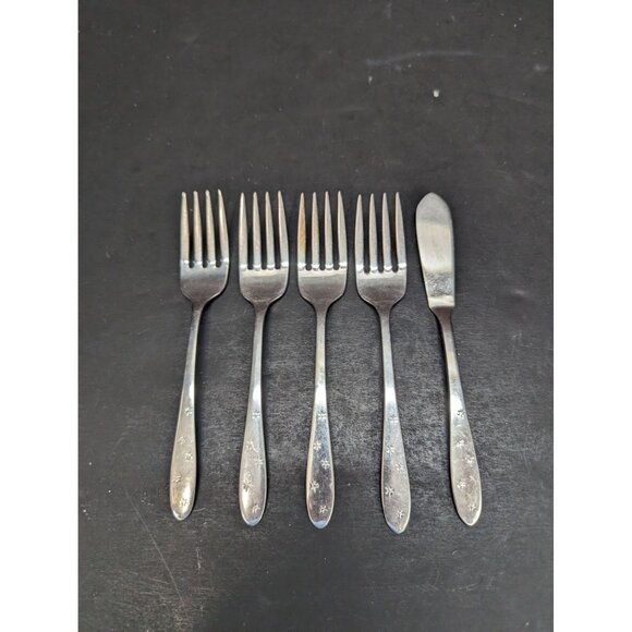 All American Stainless By Oneida Starburst Pattern 4 Salad Fork 1 Spreader - Picture 1 of 8